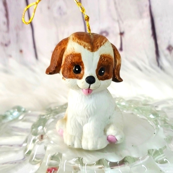 Vintage Ceramic Puppy Dog Pup Christmas Kitschy Holiday Ornament Bell Brown Wht - Picture 10 of 13
